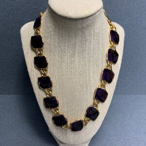 Organic Square Link Necklace 20 In Dark Purple Enamel Gold Retro Vintage Boho